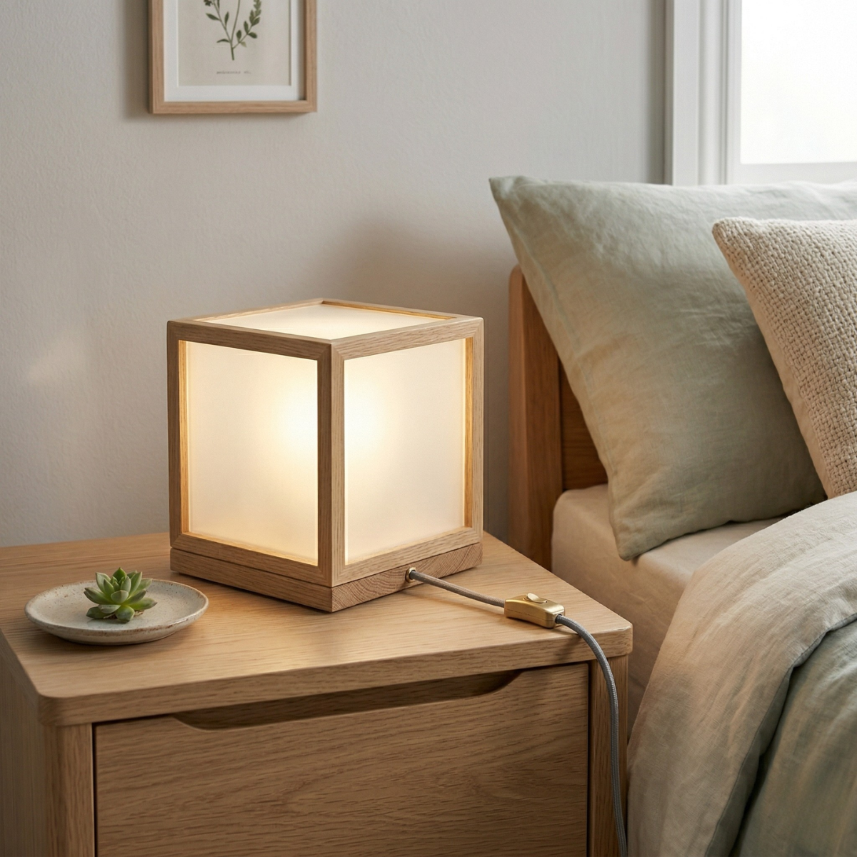 Nordic Glow Wooden Cube Table Lamp – Soft Ambient Lighting